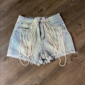 Beaded pearl denim shorts